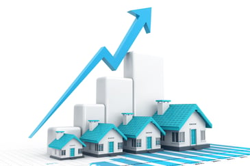 4 house graphics in front of a rising bar graph that signals rising profits